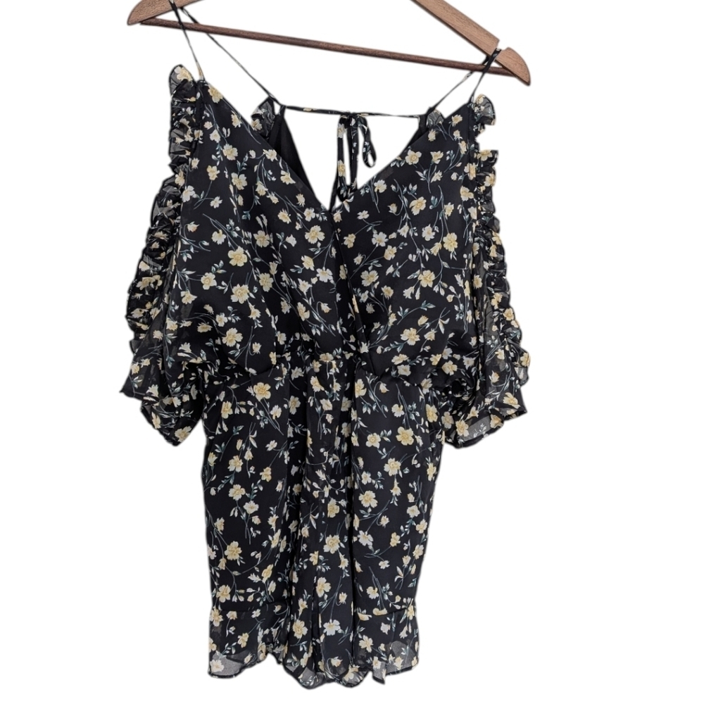 Bardot Cold Shoulder Romper Women 6 Black Floral Ruffle NWT - Picture 2 of 15